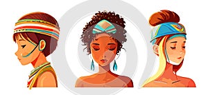 Set with Illustration of an African or latinos Girls Wearing Pretty Heads Scarves and Earrings. Used for print design