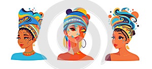 Set with Illustration of an African or latinos Girls Wearing Pretty Heads Scarves and Earrings. Used for print design