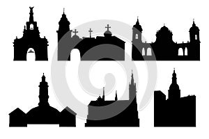 Set illustration of a Churches silhouettes isolated on white background.