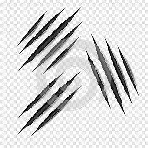 Set illustration of Claws scratches isolated on transparent white background. Creative paper craft,cut style.Scary laceration