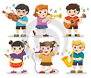 Set Illustration of Kids Playing Musical instruments. photo