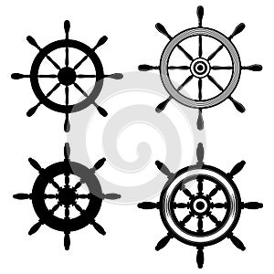 Set of Illustration of ship steering wheel in monochrome style. Design element for logo, label, sign, emblem, poster.