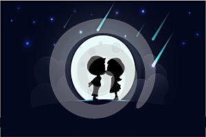 Set of  illustration with silhouette of loving couple in park on moonlit night.