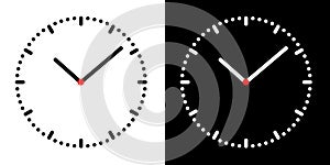 Set Illustration of simple clock face with black and white dial, minute and hour hand and red center, vector