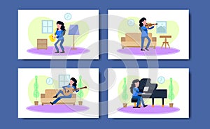 Set illustration of woman musician play music instrument, piano, saxophone, violin, guitar, at home. quarantine activity