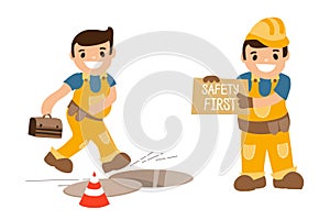 Set of illustrations - accident at work injures. Falling in the open manhole