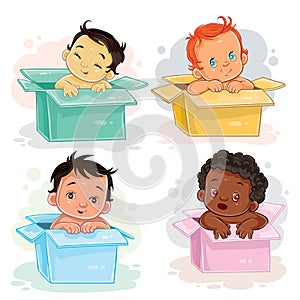 Set illustrations of babies different races sitting in boxes
