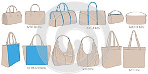 Set of illustrations of bags in pastel colors. Collection of luxury modern accessories