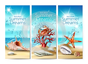 Set of illustrations, banners of a summer sandy beach with seashells, pebbles, starfish, crab and coral