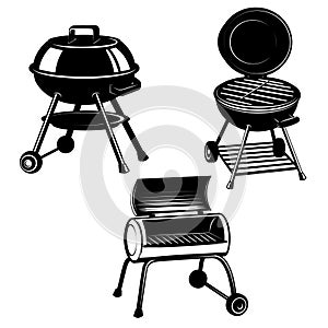 Set of illustrations of bbq grill. Design element for emblem, sign, menu, invintation