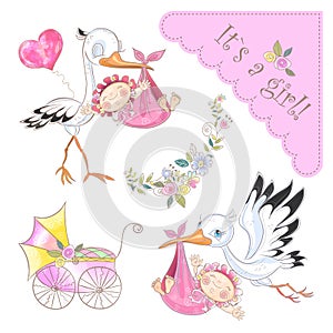 Set of illustrations for the birth of a girl. Stork with baby. Baby shower. Vector