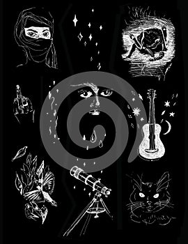 Set of illustrations on black background with white ink