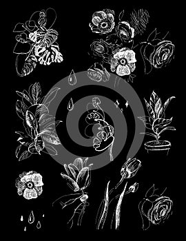 Set of illustrations on black background with white ink