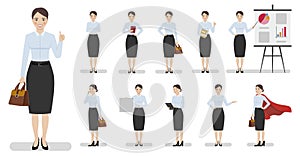 Set of illustrations of a business woman character in different poses.