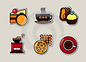 Set of illustrations for the cafe. Cups of coffee and popular desserts