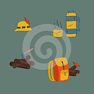 A set of Illustrations for Camping and traveling. The concept of a mobile home of life in nature. Cartoon collection of