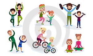 Set Of Illustrations With Children Involving In Sport With Their Parents Cartoon Characters