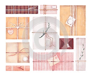 Set of illustrations of Christmas gift boxes decorated with Christmas tree branches, ropes, papers, buttons, bow