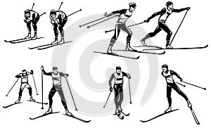 Set of illustrations of competitions on cross-country skiing.