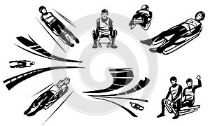 Set of illustrations of competitions in Luge sledging.