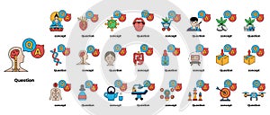 set of illustrations depicting question marks and various objects in a line art style