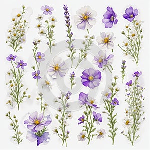 set of illustrations with different many blue anemonas flowers photo