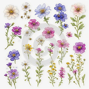 set of illustrations with different many blue and purple anemonas flowers drawn in watercolor on a white background photo