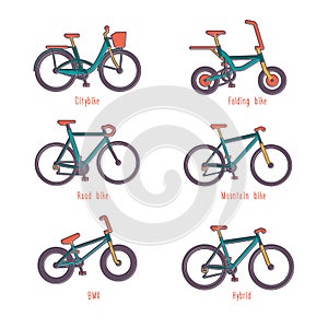 Set of illustrations different types bicycles