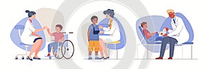 Set of illustrations of doctors and children`s patients with physical injuries.