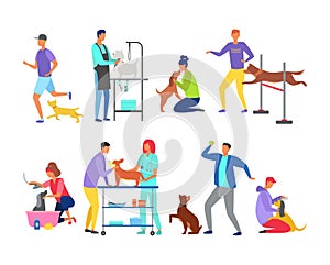 Set of illustrations of dogs with people. Pets. Vector flat illustration