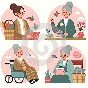 set of illustrations of an elderly woman