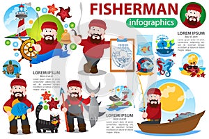 A set of illustrations and elements for creating infographics on the theme of the sea and fishery