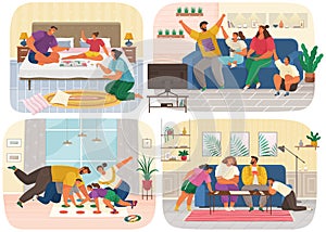 Set of illustrations about family with board games in apartment. Home activities and entertainment
