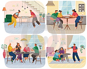 Set of illustrations about family with board games in apartment. Home activities and entertainment