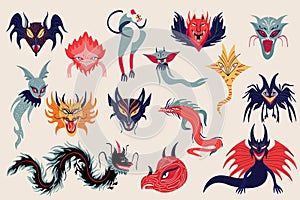 Set of illustrations with fantasy fantasy dragons in cartoon style