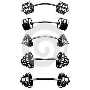 Set of illustrations of fitness barbells in monochrome style. Design element for logo, emblem, sign, poster, t shirt