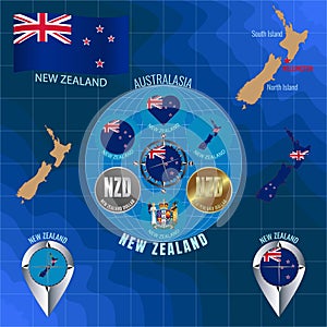 Set of illustrations of flag, outline map, icons of NEW ZEALAND. Travel concept