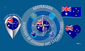 Set of illustrations of Flag, outline map, icons of TERRITORY OF ASHMORE AND CARTIER ISLANDS. Australian Outer Territory. Travel