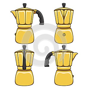 Set of illustrations of golden geyser coffee makers. Isolated vector colored objects.