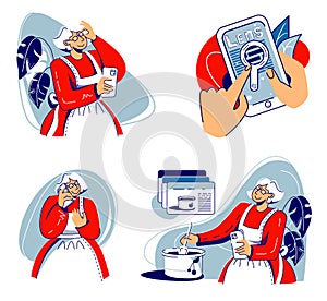 Set of illustrations grandmother uses a modern mobile phone. Elderly woman with short gray hair uses a smartphone