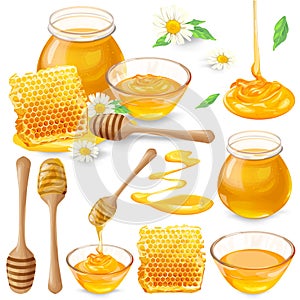 Set of illustrations of honey in honeycombs, in a jar, dripping from honey dipper