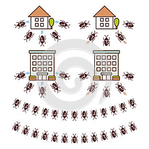 Set of illustrations of a house targeted by a cockroach and a house that has gone away