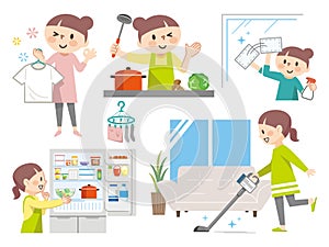 Set of illustrations of housewives doing various household chores photo
