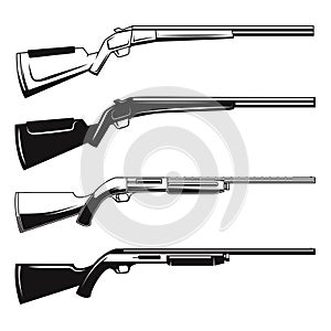 Set of illustrations of hunting guns and rifles. Design element for logo, label, emblem, sign, badge.