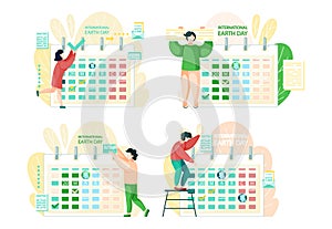 Set of illustrations about international earth day. People planning timetable with holiday