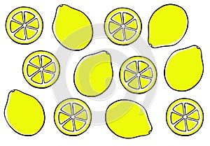 Set of illustrations of lemons. Whole and slices in rings. Black outline, yellow fill. Printmaking style.