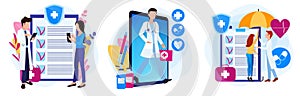 Set of illustrations of a medical theme. Doctor online in the phone. Health insurance protection.