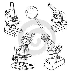 A set of illustrations of microscopes and magnifiers