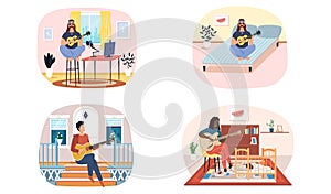 Set of illustrations about musicians are playing strings alone. People play guitar and listen