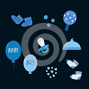 A set of illustrations for a newborn boy. Vector elements in blue. Design a postcard or poster for a baby.